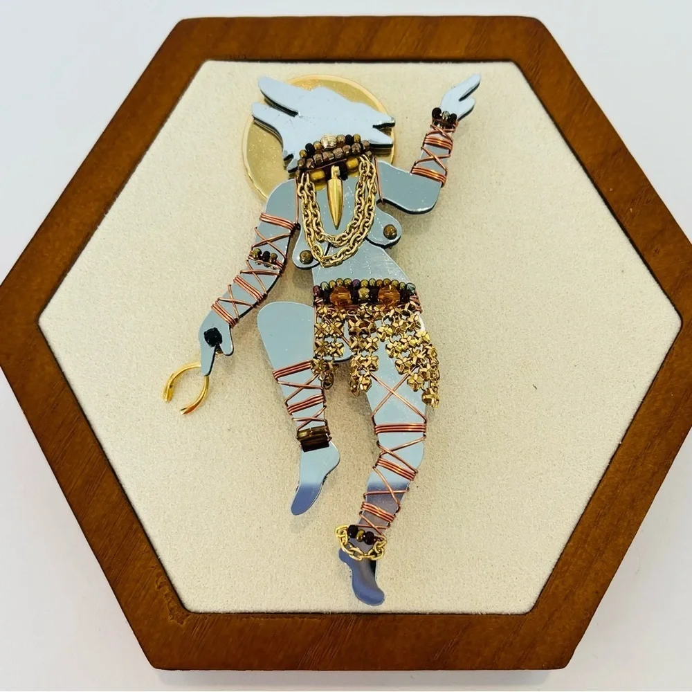 Vintage Liztech ‘94 Dancing Wolf Shaman Mirrored Brooch with Copper Wire Detail